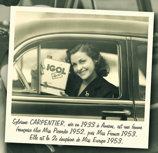 Sylviane Carpentier, Miss Picardie 1952, holding an IGOL Sport oil can β Amiens, France, 1953